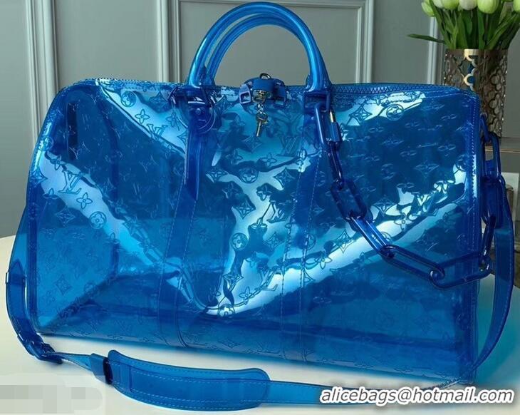 New Arrivals Louis Vuitton Transparent embossed Monogram PVC Keepall Bandouliere 50 M53272 Blue 2019