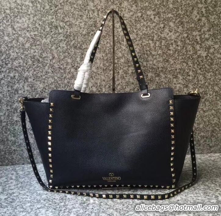 Discount Valentino Grained Leather Rockstud Medium Tote Bag 0973 Navy Blue