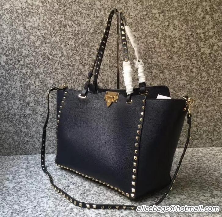 Discount Valentino Grained Leather Rockstud Medium Tote Bag 0973 Navy Blue