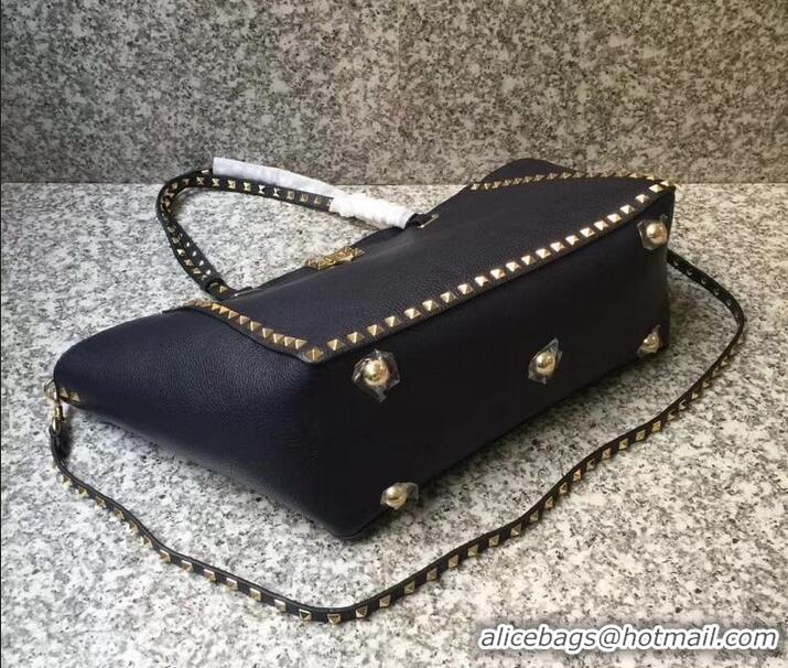 Discount Valentino Grained Leather Rockstud Medium Tote Bag 0973 Navy Blue