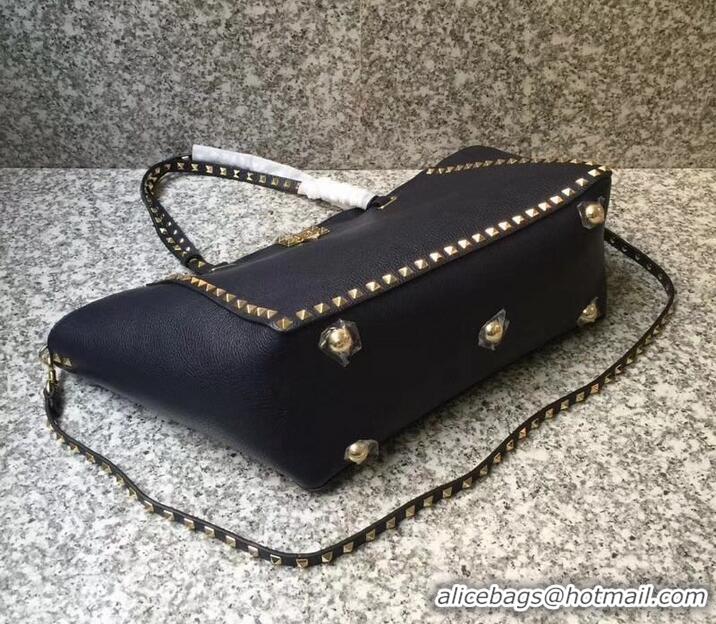 Discount Valentino Grained Leather Rockstud Medium Tote Bag 0973 Navy Blue