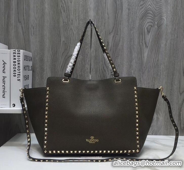 Good Quality Valentino Grained Leather Rockstud Medium Tote Bag 0973 Olive Green