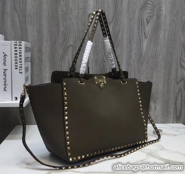 Good Quality Valentino Grained Leather Rockstud Medium Tote Bag 0973 Olive Green