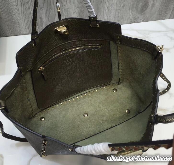 Good Quality Valentino Grained Leather Rockstud Medium Tote Bag 0973 Olive Green