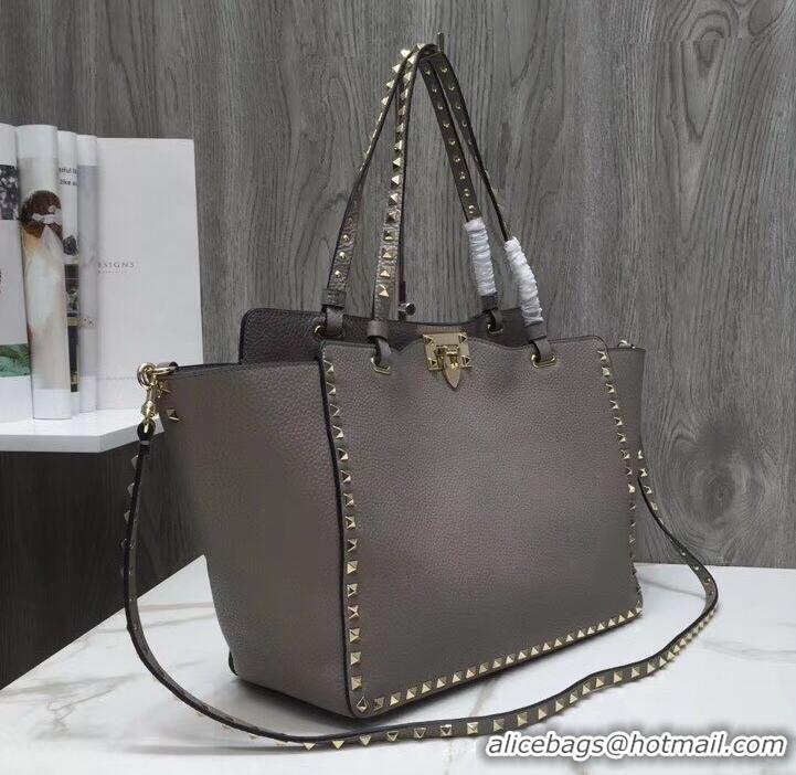 Top Quality Valentino Grained Leather Rockstud Medium Tote Bag 0973 Gray