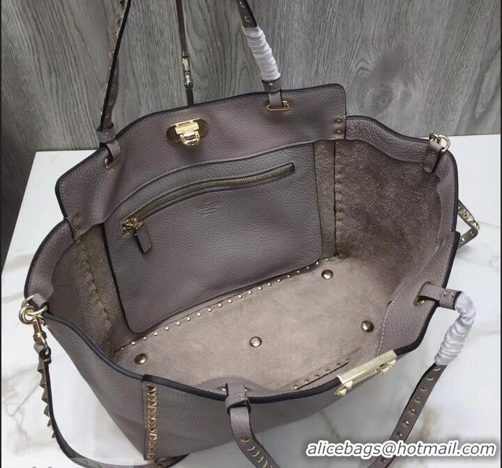 Top Quality Valentino Grained Leather Rockstud Medium Tote Bag 0973 Gray