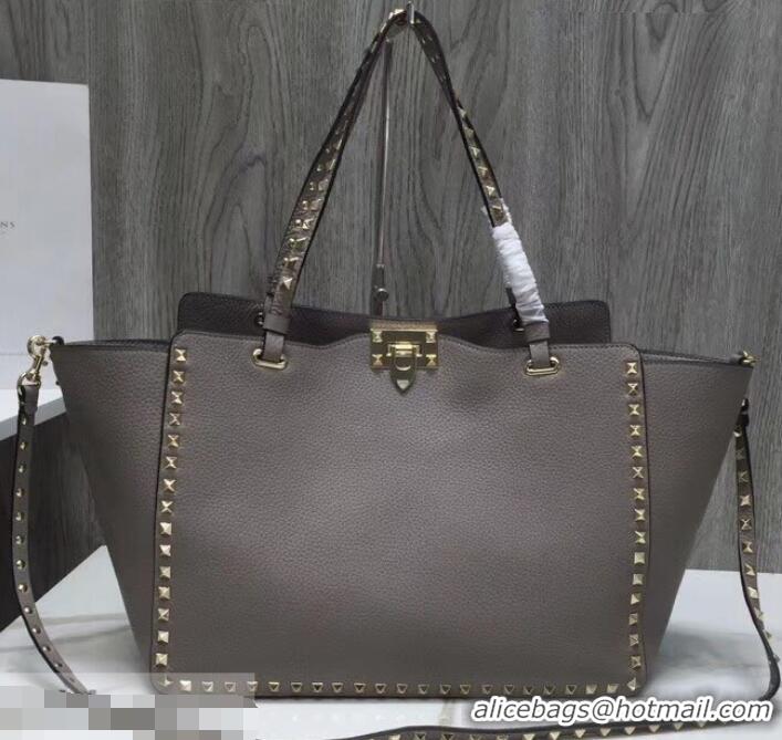 Top Quality Valentino Grained Leather Rockstud Medium Tote Bag 0973 Gray