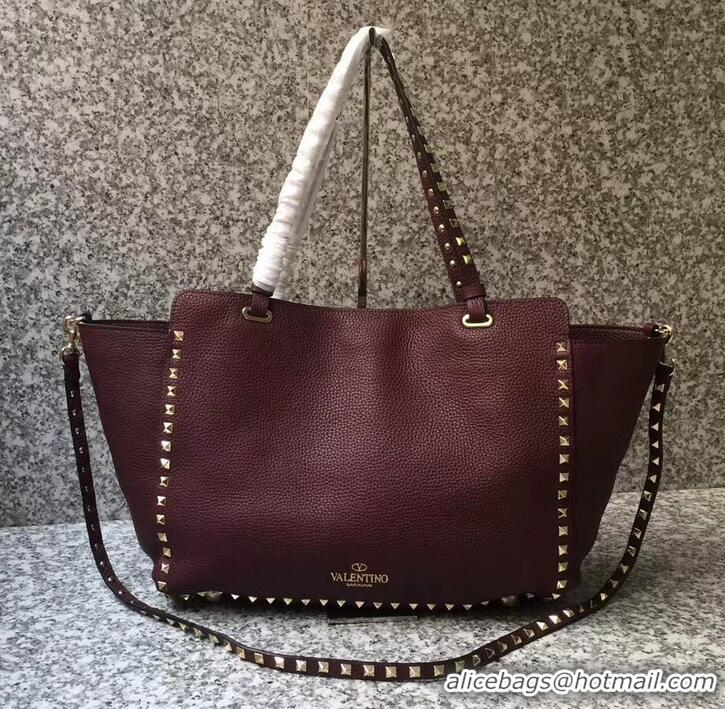 Unique Style Valentino Grained Leather Rockstud Medium Tote Bag 0973 Burgundy