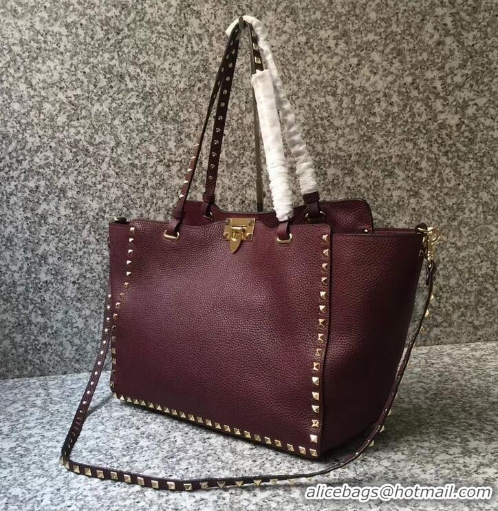 Unique Style Valentino Grained Leather Rockstud Medium Tote Bag 0973 Burgundy