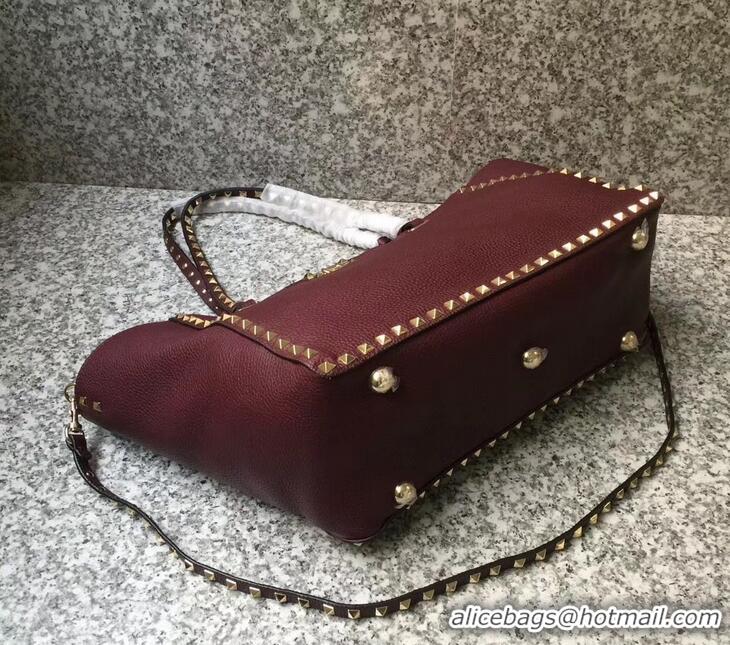 Unique Style Valentino Grained Leather Rockstud Medium Tote Bag 0973 Burgundy