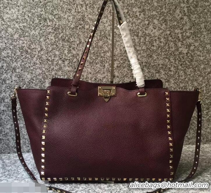 Unique Style Valentino Grained Leather Rockstud Medium Tote Bag 0973 Burgundy