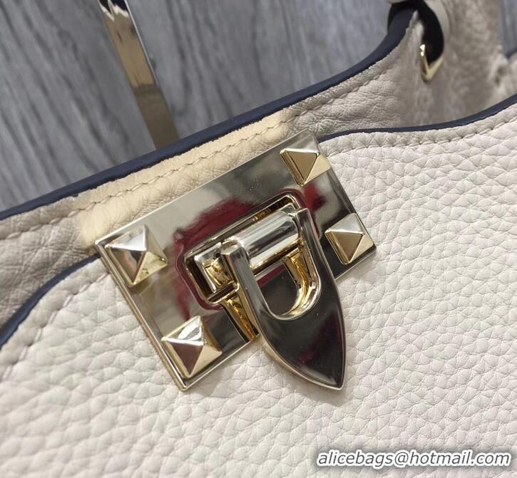 Best Grade Valentino Grained Leather Rockstud Medium Tote Bag 0973 Ivory