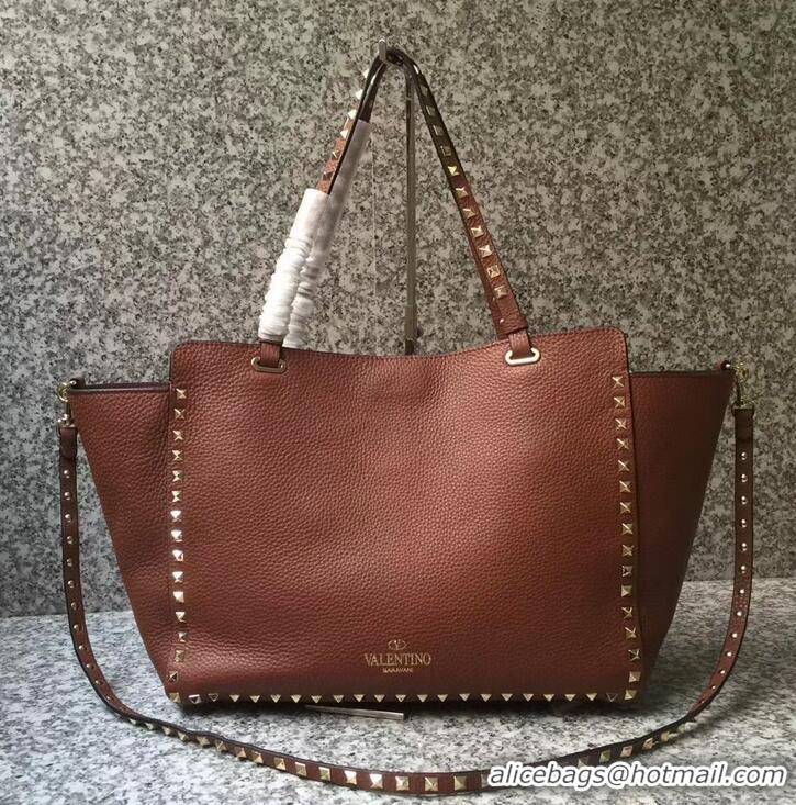 Grade Quality Valentino Grained Leather Rockstud Medium Tote Bag 0973 Brown