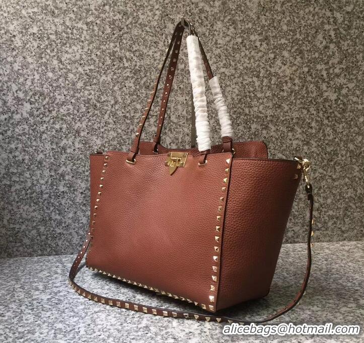 Grade Quality Valentino Grained Leather Rockstud Medium Tote Bag 0973 Brown