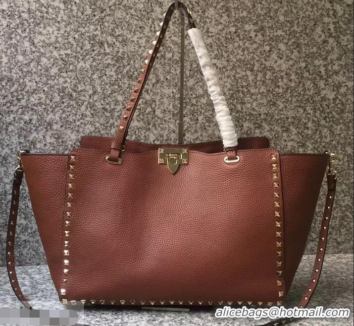 Grade Quality Valentino Grained Leather Rockstud Medium Tote Bag 0973 Brown