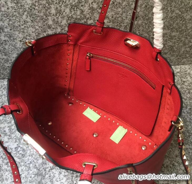 Top Sale Valentino Grained Leather Rockstud Medium Tote Bag 0973 Red