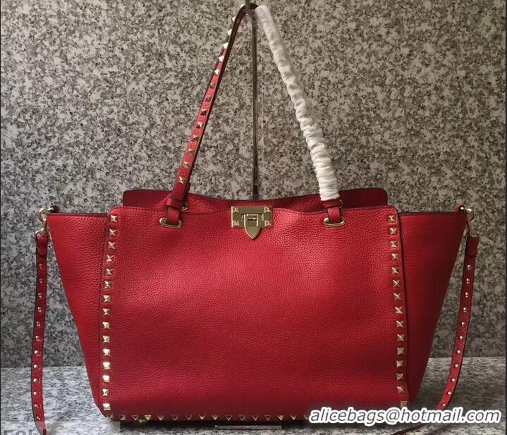 Top Sale Valentino Grained Leather Rockstud Medium Tote Bag 0973 Red