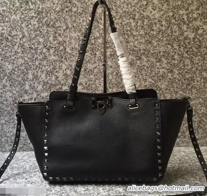 Famous Valentino Grained Leather Rockstud Small Tote Bag 0972 Noir