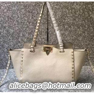 Luxury Discount Valentino Grained Leather Rockstud Small Tote Bag 0972 Ivory