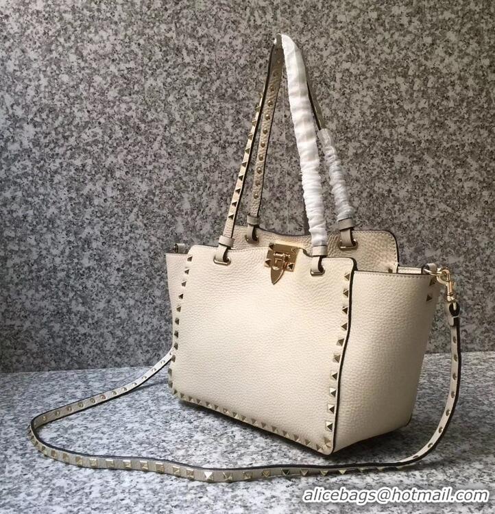 Luxury Discount Valentino Grained Leather Rockstud Small Tote Bag 0972 Ivory