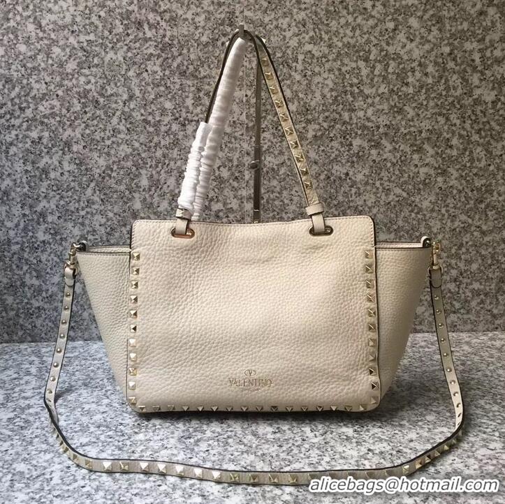 Luxury Discount Valentino Grained Leather Rockstud Small Tote Bag 0972 Ivory