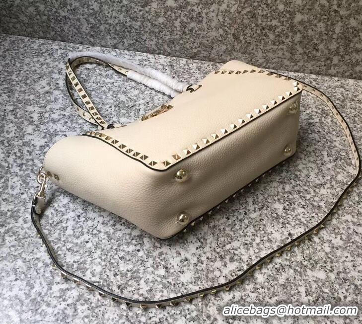 Luxury Discount Valentino Grained Leather Rockstud Small Tote Bag 0972 Ivory