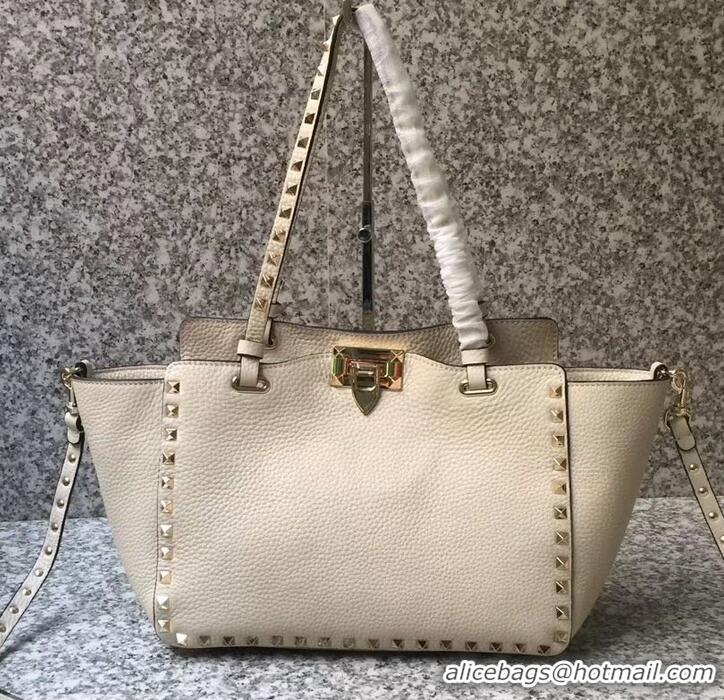 Luxury Discount Valentino Grained Leather Rockstud Small Tote Bag 0972 Ivory