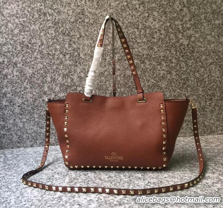 Luxury Valentino Grained Leather Rockstud Small Tote Bag 0972 Brown