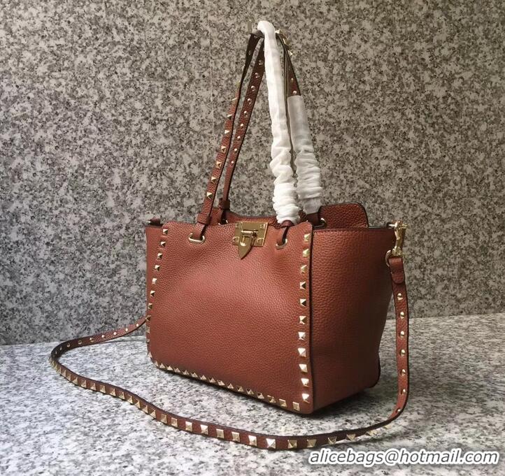 Luxury Valentino Grained Leather Rockstud Small Tote Bag 0972 Brown