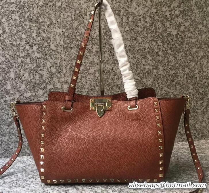 Luxury Valentino Grained Leather Rockstud Small Tote Bag 0972 Brown