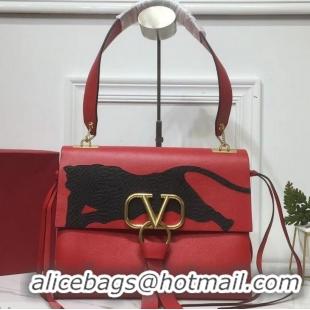 Best Quality Valentino Smooth Calfskin Medium VRing Shoulder Bag Panther 720049 Red