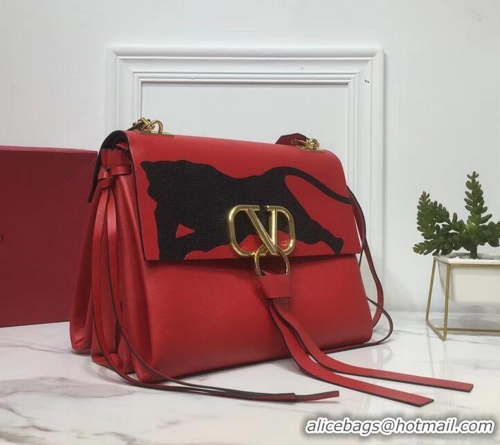 Best Quality Valentino Smooth Calfskin Medium VRing Shoulder Bag Panther 720049 Red