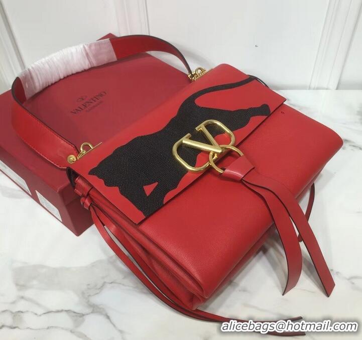 Best Quality Valentino Smooth Calfskin Medium VRing Shoulder Bag Panther 720049 Red