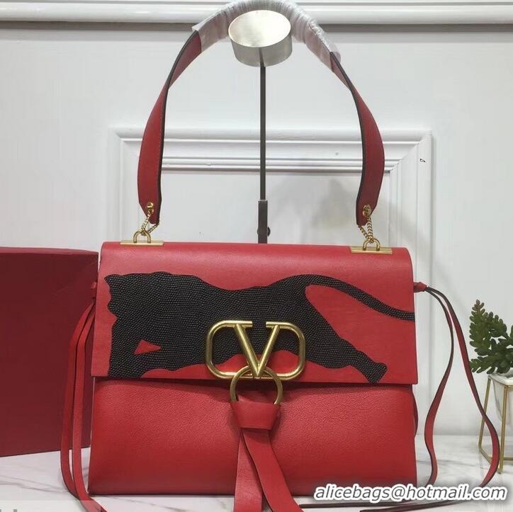 Best Quality Valentino Smooth Calfskin Medium VRing Shoulder Bag Panther 720049 Red