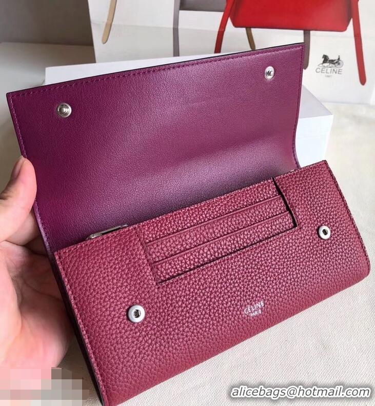 Super Celine Grained Leather Large Flap Multifunction Wallet 952145 Burgundy