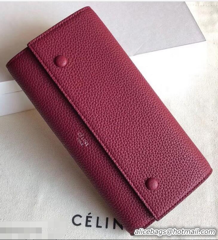 Super Celine Grained Leather Large Flap Multifunction Wallet 952145 Burgundy