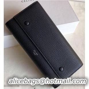 Low Cost Celine Grained Leather Large Flap Multifunction Wallet 952145 Black