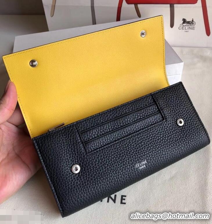 Low Cost Celine Grained Leather Large Flap Multifunction Wallet 952145 Black