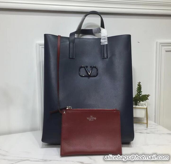 Shop Duplicate Valentino N/S Long VRing Shopping Tote Bag 720050 Navy Blue