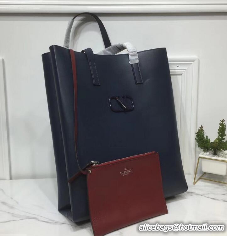 Shop Duplicate Valentino N/S Long VRing Shopping Tote Bag 720050 Navy Blue