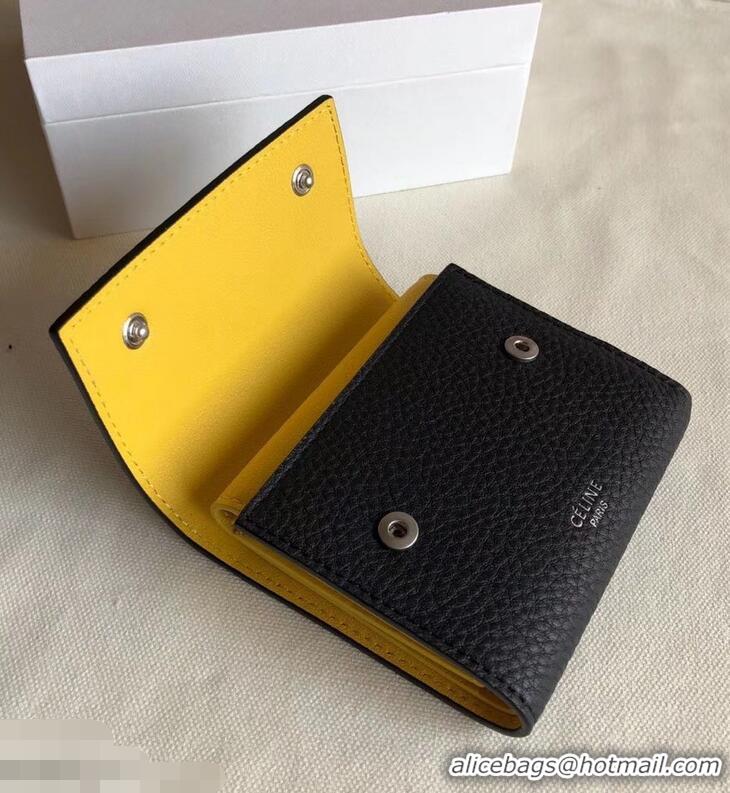 Crafted Celine Grained Leather Small Flap Folded Multifunction Wallet 952157 Black/Yellow