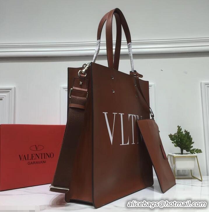 Affordable Price Valentino Calfskin VLTN Shopping Tote Bag 952314 Brown