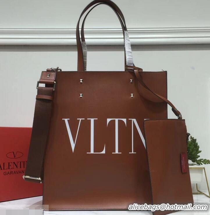 Affordable Price Valentino Calfskin VLTN Shopping Tote Bag 952314 Brown