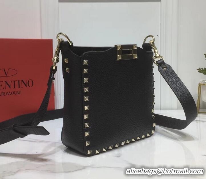 Shop Duplicate Valentino Mini Rockstud Hobo Bag 50029 in Grainy Leather Black