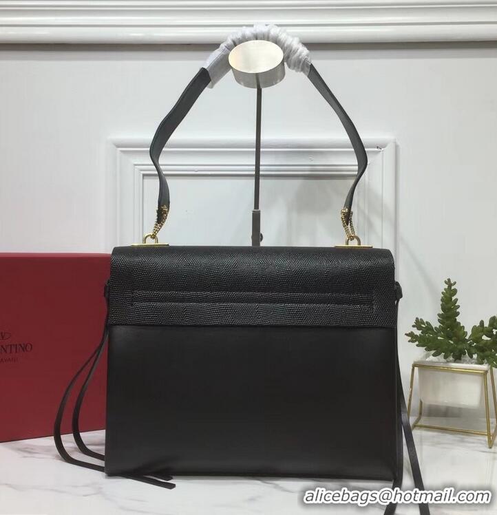 Top Quality Valentino Medium VRing Shoulder Bag Lizard Pattern 01188 Black 2019