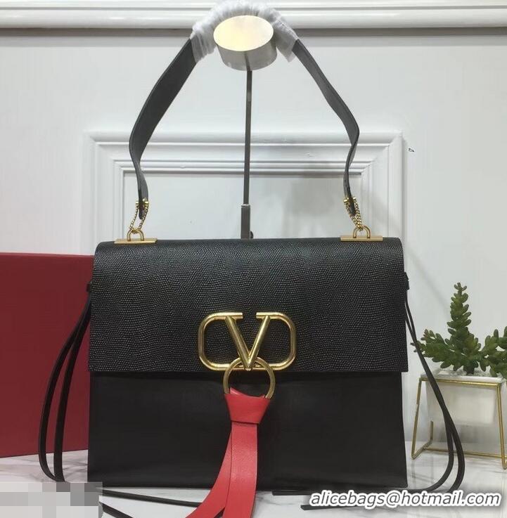 Top Quality Valentino Medium VRing Shoulder Bag Lizard Pattern 01188 Black 2019