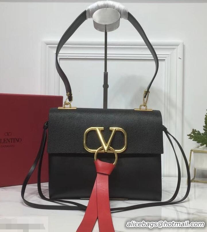 Good Product Valentino Small VRing Shoulder Bag Lizard Pattern 01189 Black 2019