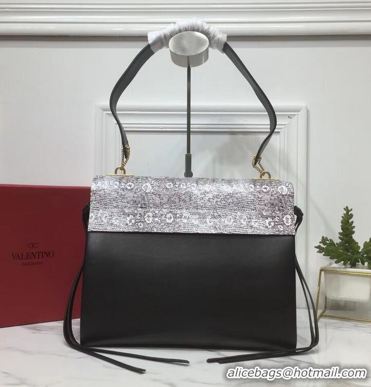 New Style Valentino Medium VRing Shoulder Bag Lizard Pattern 01188 Gray/Black 2019