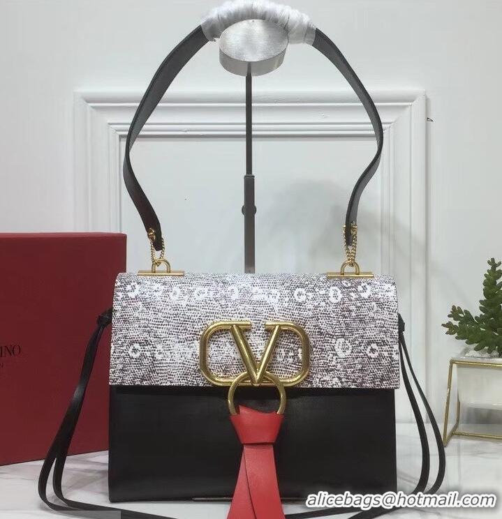 Luxury Hot Valentino Small VRing Shoulder Bag Lizard Pattern 01189 Gray/Black 2019