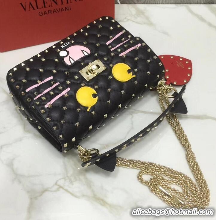 Fashion Valentino Printed Medium Rockstud Spike Chain Bag 01190 Black 2019